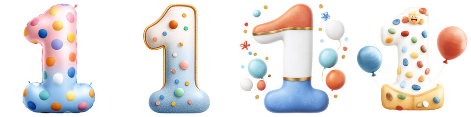 Minimalist baby nursery birthday print, Four colorful number one cookies decorated with various icing patterns and festive dots.