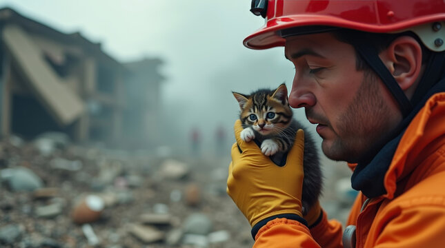 Rescue worker in protective gear holding scared kitten amid rubble. Concept of disaster response, animal rescue, compassion and emergency aid