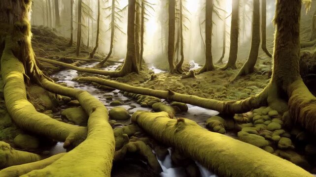 Lush mossy temperate rainforest creek with soft light