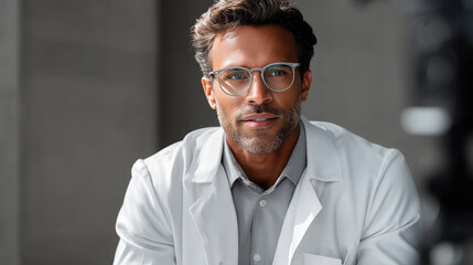 Obraz premium Confident male ophthalmologist wearing eyeglasses and white coat, smiling in modern clinic, professional healthcare portrait