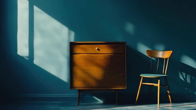 Vintage wooden chair on a blue wall in the corner of a room, near an open drawer.