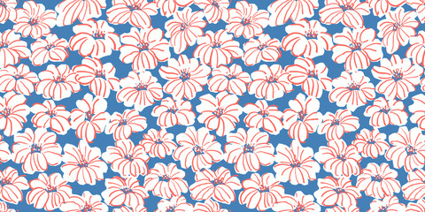 White flowers seamless pattern on blue background.
