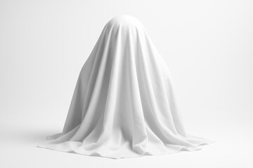 Mysterious object under a white fabric, creating an interesting concept on a neutral background, a classic still life with drapery and form.