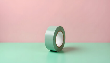 A roll of mint green tape sits on a mint green surface against a pastel pink background.