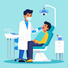 A dentist wearing a mask and gloves examines a patient sitting in a dental chair under a surgical lamp.