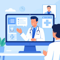 A doctor consults with a patient during a virtual medical appointment, using a computer.