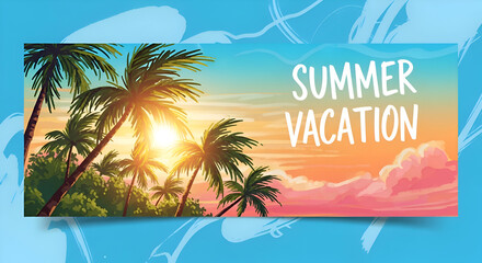 Obraz premium Tropical Summer Vacation: Palm Trees, Sunset, and Bright Sky Illustration