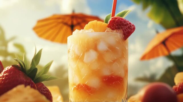 A refreshing tropical drink with strawberry and pineapple chunks