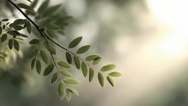 Green leaf branch bathed soft sunlight with blurred nature background