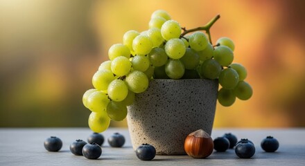 Fresh green grapes and blueberries in a pot with a hazelnut