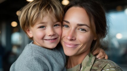 Mother in military uniform holding her smiling young son, expressing love
