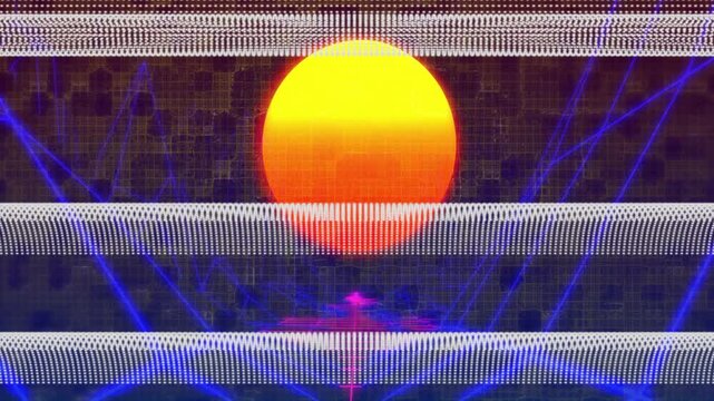 Triggered by glitch lines shifting, glowing orange orb rising and revealing grid rippling waves