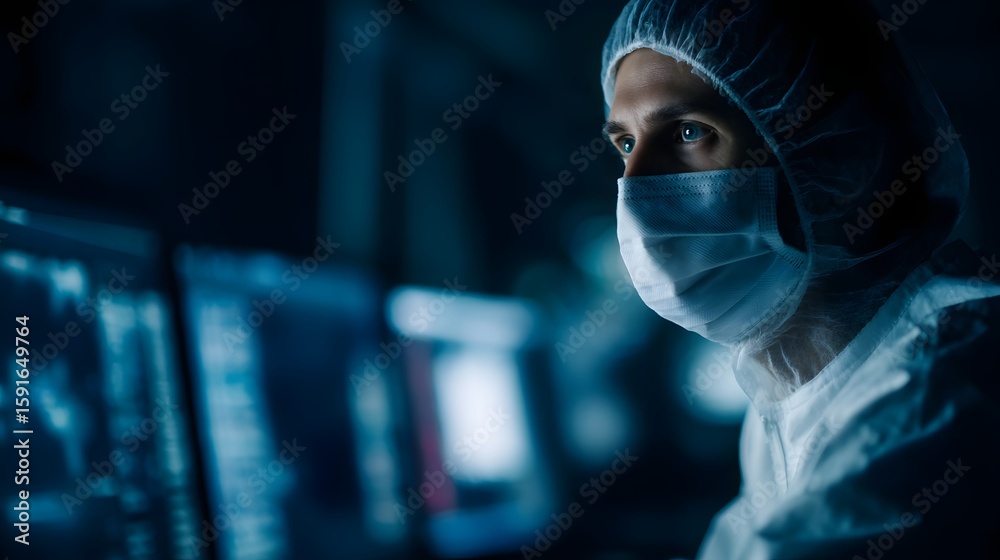 Poster scientist surrounded by computer screens analyzing data in a dimly lit lab