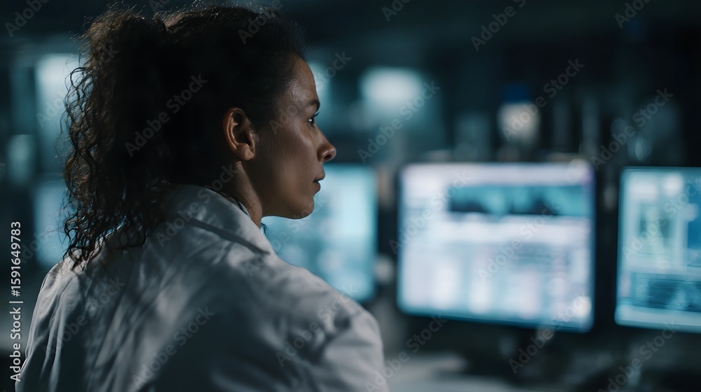 Poster scientist intently studying lab data on multiple computer monitors