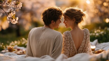 Romantic couple enjoying a sunset picnic under blossoming trees in springtime