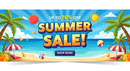 Vibrant Summer Sale Banner: Beach Scene with Palm Trees, Cocktails, and Discount
