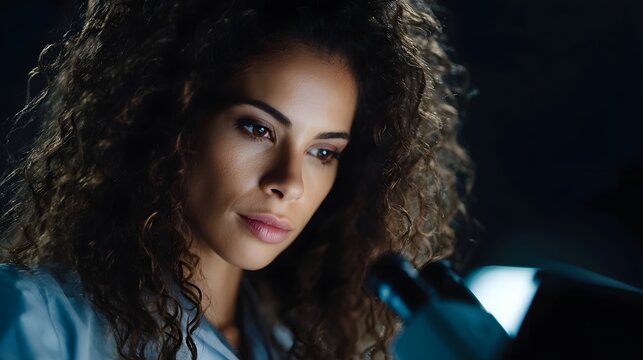 Focused female researcher examining notes beside a microscope under soft lab lighting