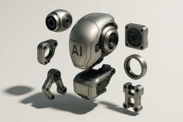 Sci-fi robot head components showcases artificial intelligence, machine learning, and technological advancements in robotics