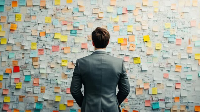 Businessman suit stands thoughtfully front of large wall covered with colorful sticky notes, brainstorming ideas, planning strategy, organizing tasks modern office, professional management
