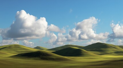 Sunny day with rolling green hills and fluffy white clouds