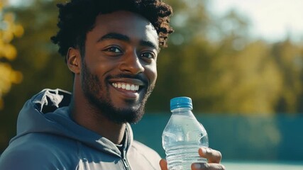 A smiling man holding a water bottle, suggesting he is staying hydrated before or after an athletic event.