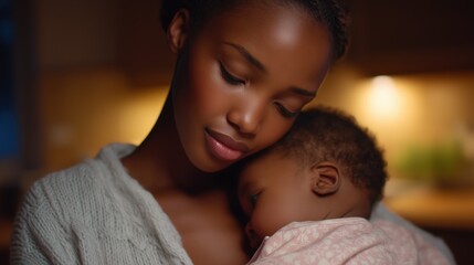 Mother holding and comforting her sleeping baby during a peaceful evening