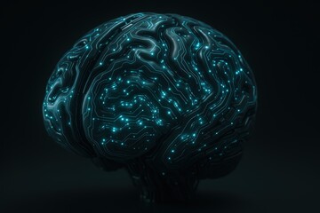 Futuristic brain illuminated with digital network glows against a dark background showcases neuroscience