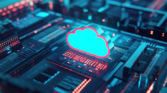 Computer network with cloud symbol glowing in center.