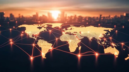 Global network connection digital world map glowing lines cityscape sunrise technology communication futuristic innovation worldwide business glowing world map digital network city skyline sunrise - Powered by Adobe