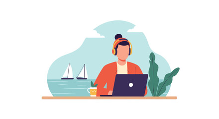 Person working on laptop with headphones by the sea, ideal for remote work, freelance, and travel blogs.