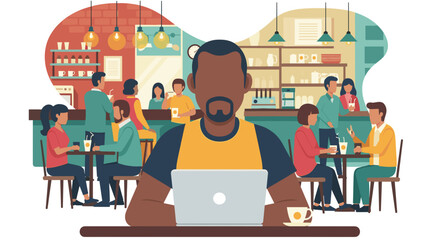 Man working on laptop in a busy coffee shop, ideal for website banners or blog posts about remote work.