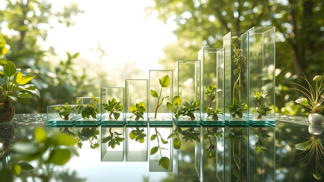 Bar chart made of glass and reflections showing sustainable product growth in eco-friendly theme