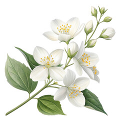 Fototapeta premium Photo of a delicate sprig of white jasmine flowers with green leaves isolated on transparent background
