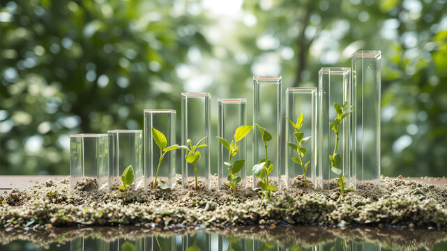 Bar chart made of glass and reflections showing sustainable product growth in eco-friendly theme