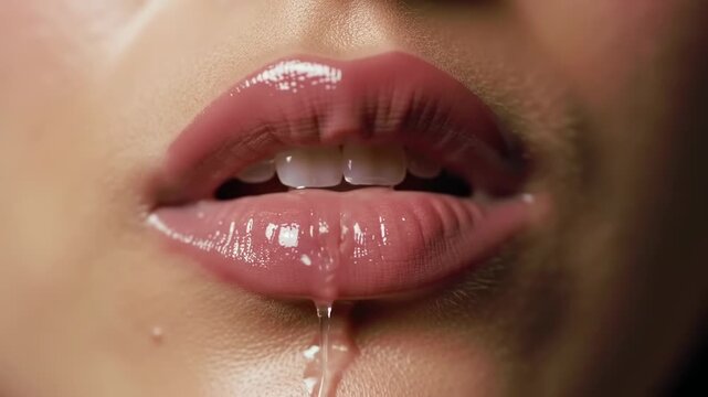 Close-up of woman's mouth with glossy lips and dripping liquid