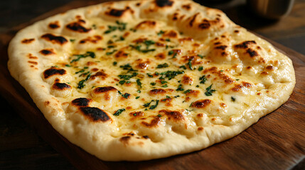 Delicious Cheesy Naan Bread on Wood Table Background