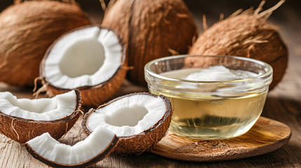 Coconut Oil and Fresh Coconuts on Wooden Surface Still Life