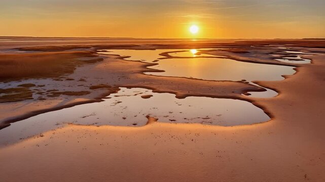 Glowing tidal flats pools at low tide sunset aerial