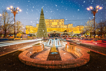 Christmas tree in front of Parliament building house,  Bucharest, Romania