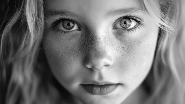 Portrait of a young girl with freckles and red eyes, captured in a close-up shot. The child model has an innocent look with an intense gaze.