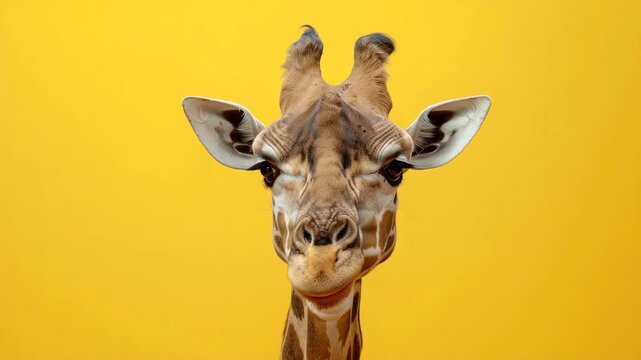 Close-up portrait of a giraffe with unique yellow background.