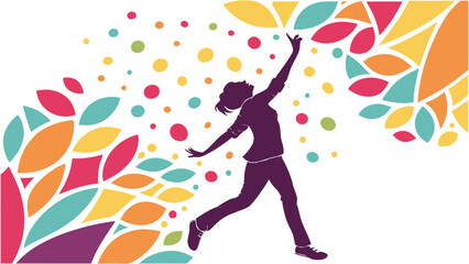 A joyful woman leaping amidst colorful abstract leaves and dots, embodying freedom and creativity.