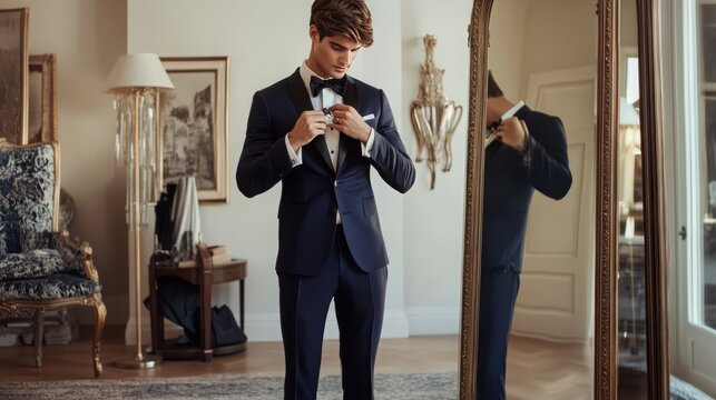 Man adjusting bow tie in front of mirror in elegant setting room