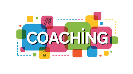 Coaching word with icons on colorful rounded squares
