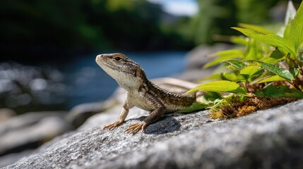 Naklejka premium A lizard basking on a warm rock near a riverbank, cautiously peeking around its surroundings