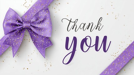 Elegant purple satin ribbon bow with gold glitter accents on white background, featuring a calligraphic "Thank You" message