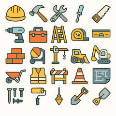 Colorful Construction Tools Machinery and Safety Gear Icon Set