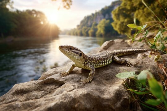 A lizard basking on a warm rock near a riverbank, cautiously peeking around its surroundings