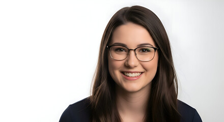 Obraz premium Smiling Woman with Glasses: Portrait Against White Background, Joyful Expression.