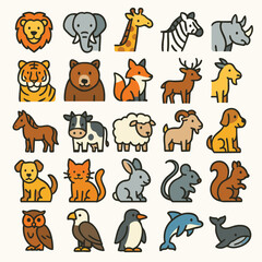 Fototapeta premium Grid of 25 Cute Simple Cartoon Animal Icons with Black Outlines